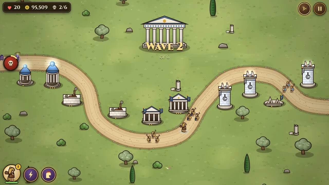 A battle in Greece as wave 2 begins, with Greek towers along a winding road
