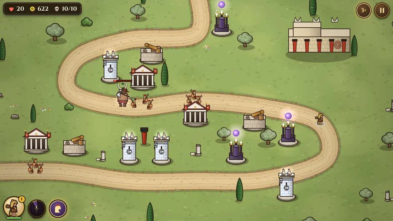 The Minotaur charging down a road lined with temples and towers