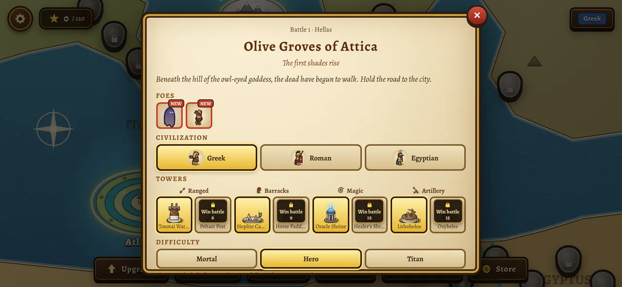 The briefing for the first battle, Olive Groves of Attica, with the foes ahead and three difficulties