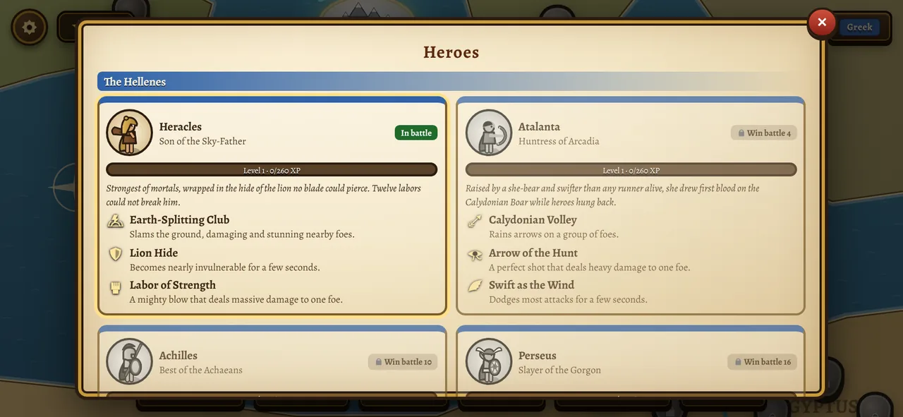 The Heroes panel with Heracles, Atalanta, Achilles and Perseus and their abilities