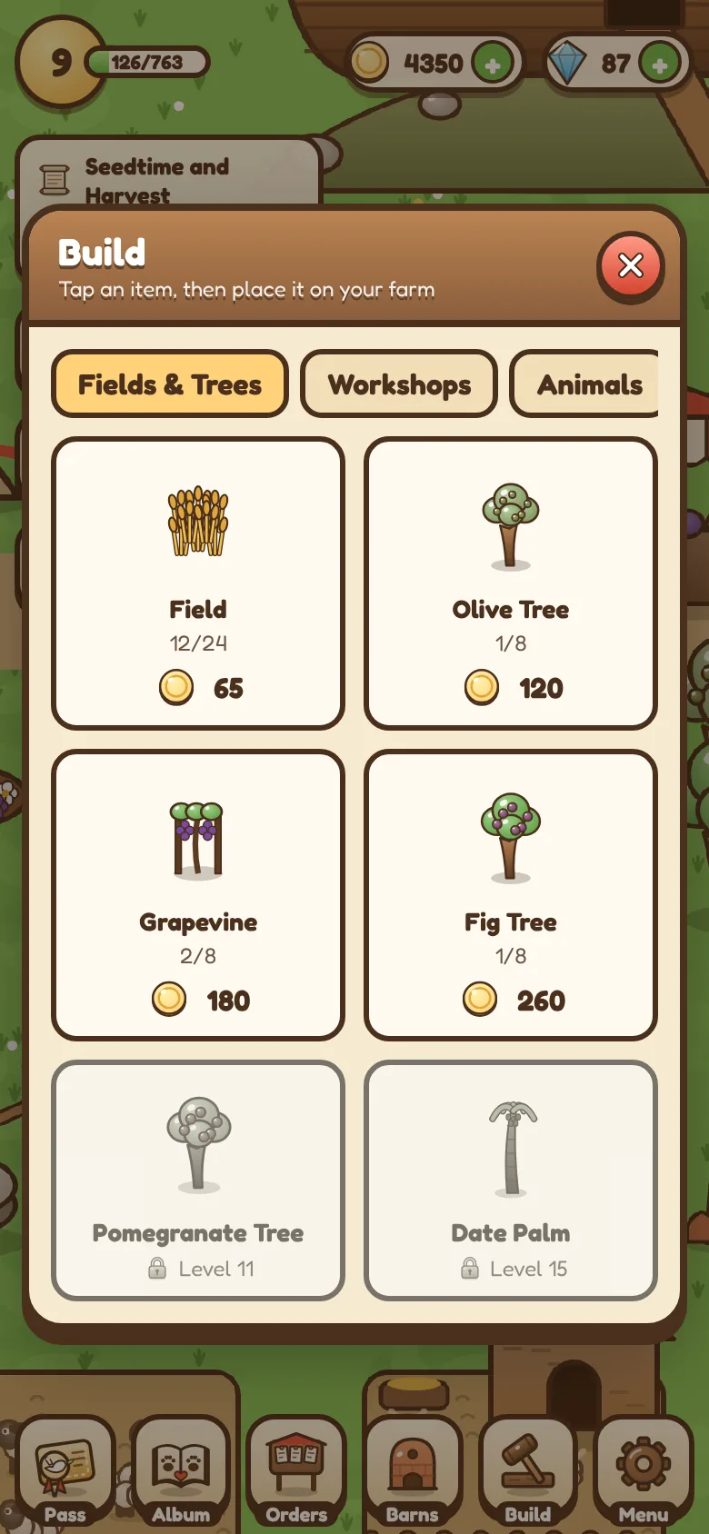 The Build menu with fields, olive trees, grapevines and fig trees