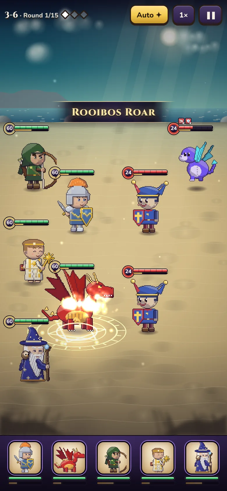 A pixel-art battle in chapter 3 as a hero casts a skill