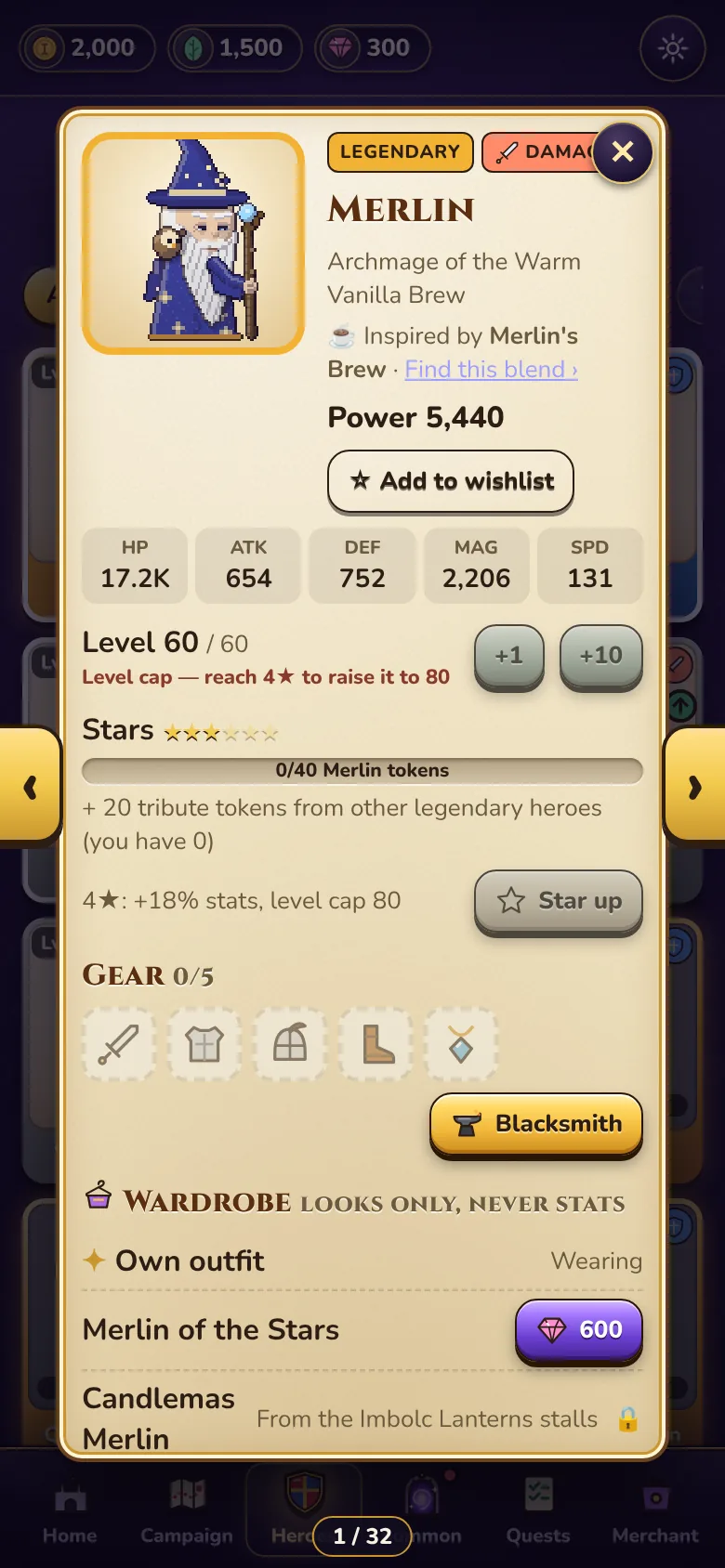 Merlin, Archmage of the Warm Vanilla Brew, with his stats, skills and wardrobe