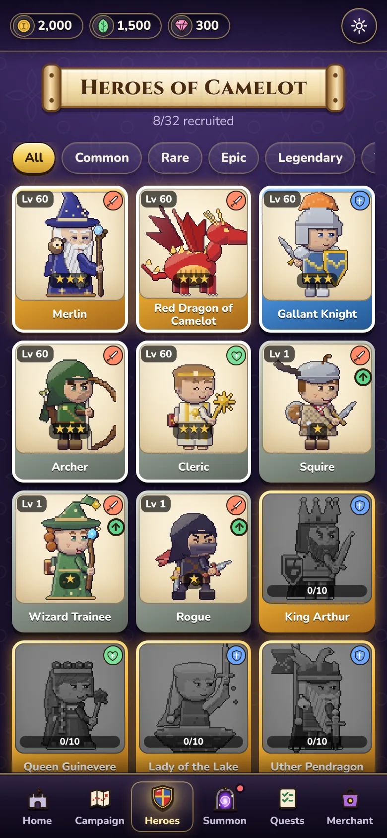 The Heroes of Camelot screen with a grid of hero portraits