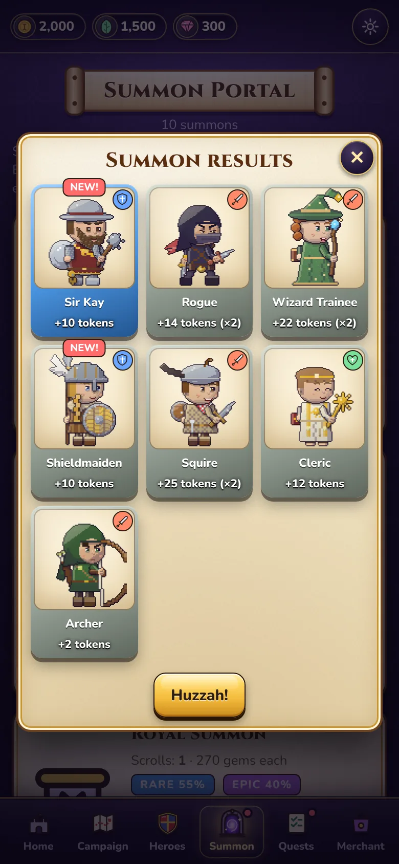 Summon results showing newly recruited heroes