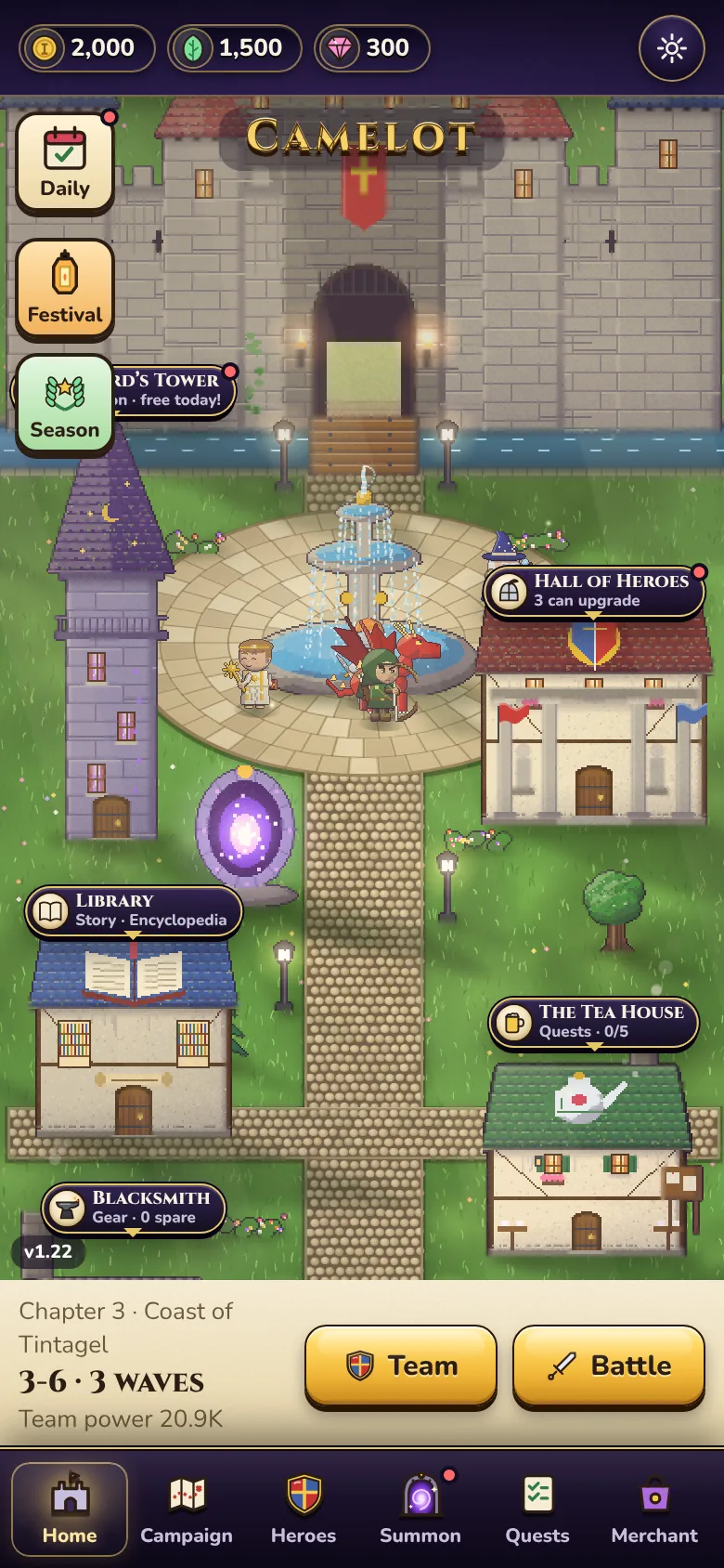 The town of Camelot as the home screen, with the castle, moat, fountain and heroes