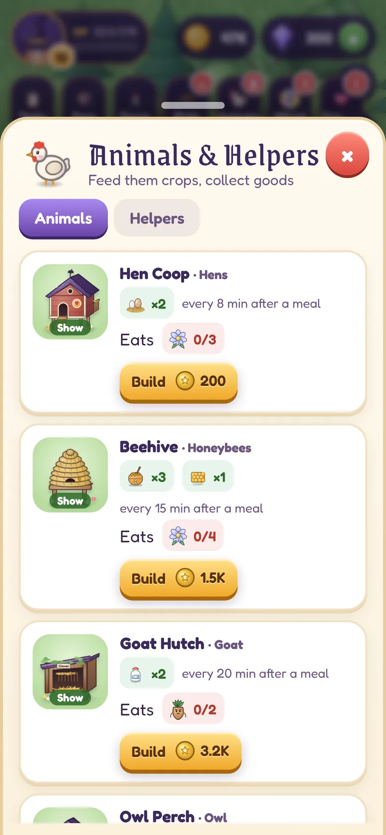 The Animals and Helpers panel with a hen coop, beehive and goat hutch
