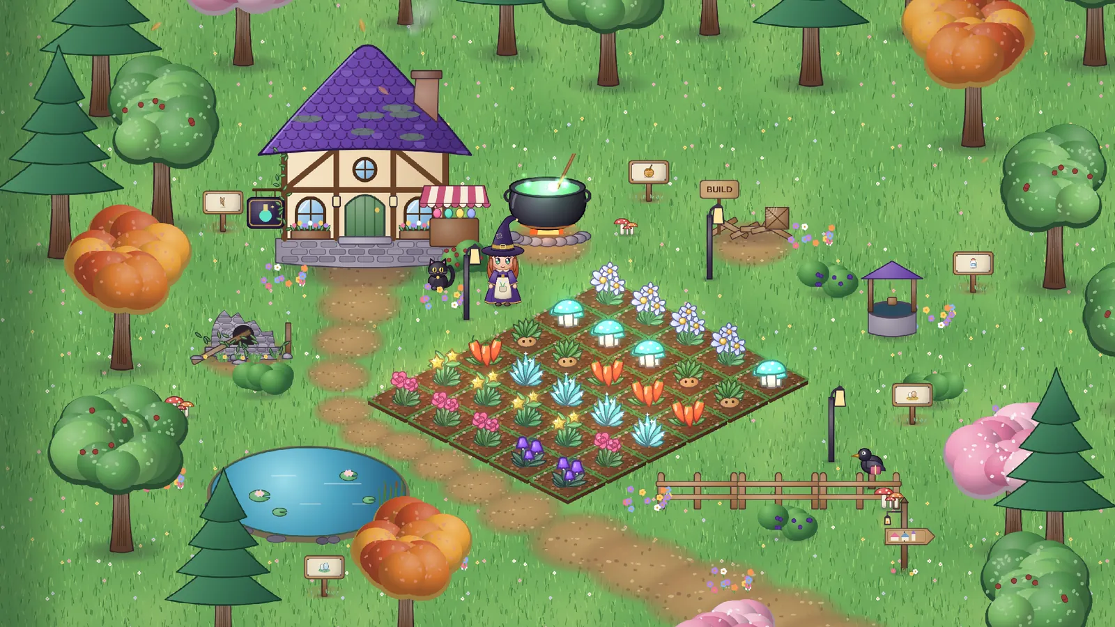 Hazel the witch beside her cottage, a bubbling cauldron and a field of glowing magical crops