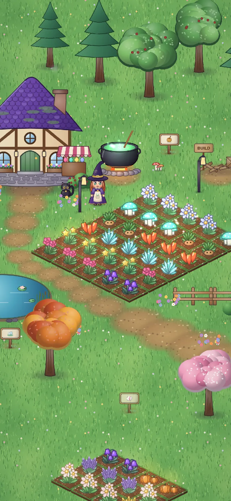 Hazel's farm: her cottage, a bubbling cauldron and a field of ripe magical crops