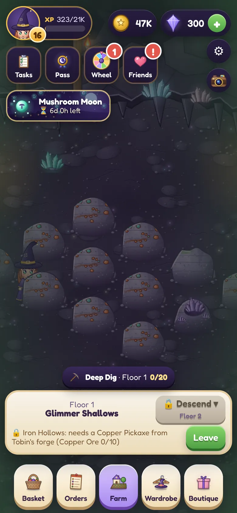 The Glimmer Mine with crystal rocks to break