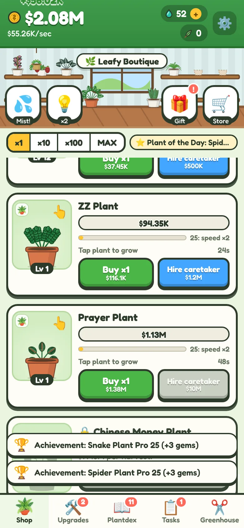 The Leafy Boutique with a ZZ Plant and a Prayer Plant on their benches, caretakers and buy buttons