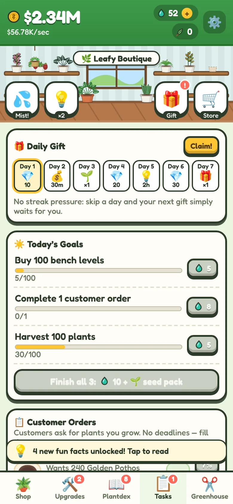 The daily gift calendar, today's goals and customer orders with no deadlines
