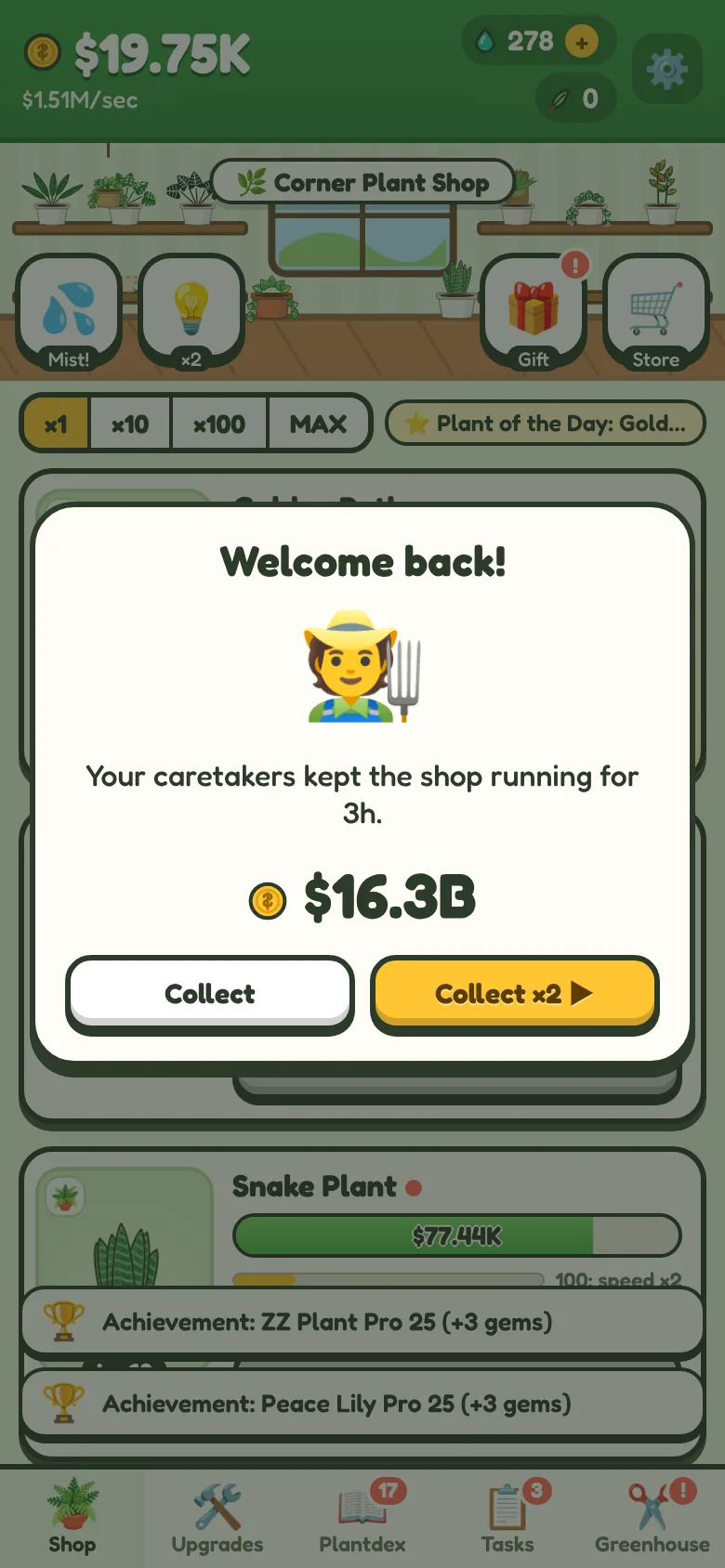 The welcome back screen showing what the caretakers earned while the player was away