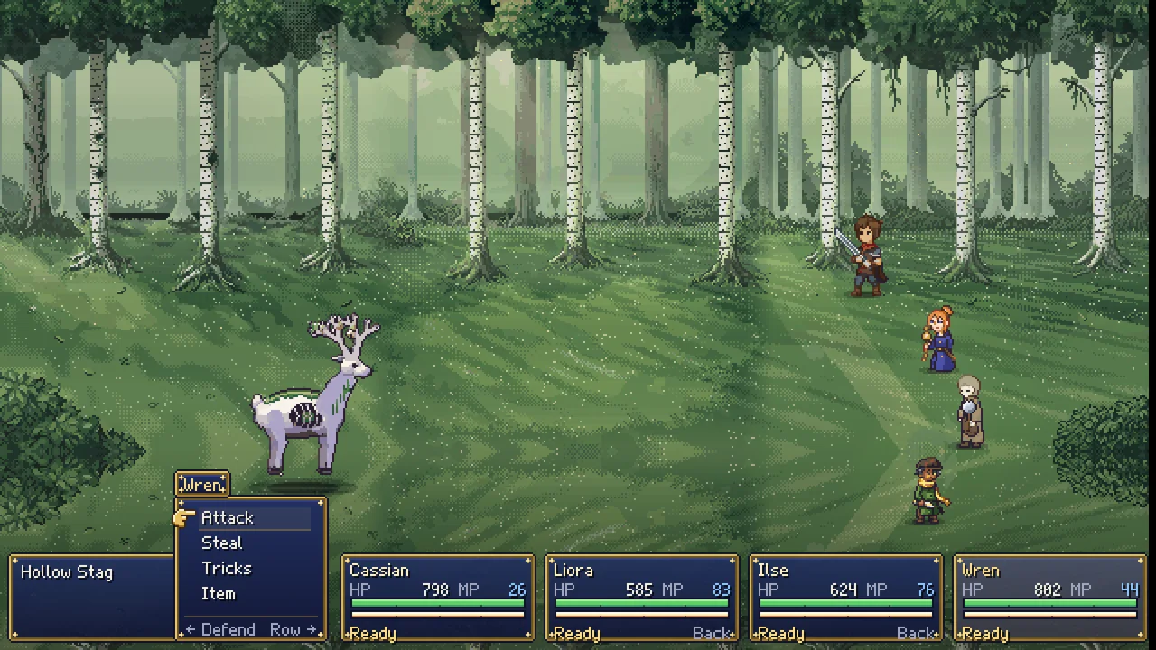 An ATB battle in Whisperwood: four heroes face the Hollow Stag, with the command menu open