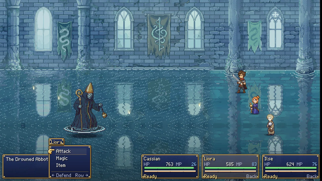A boss battle against the Drowned Abbot in the flooded chancel of the Sunken Abbey