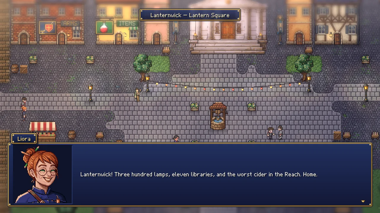 Lantern Square in Lanternwick, where Liora welcomes the party home