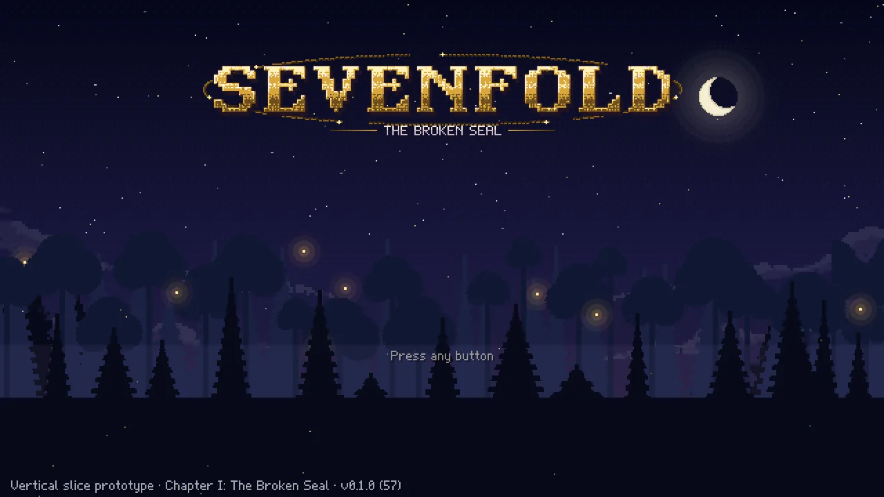 The Sevenfold title screen: a gold logo above a starry forest at night